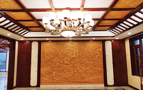 泰州中式别墅客厅中式木作横梁吊顶装饰展示